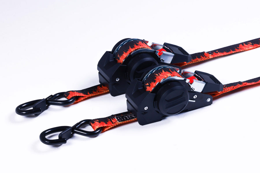 Two Strap Onz Retractable 3m ratchet straps in the Flames design
